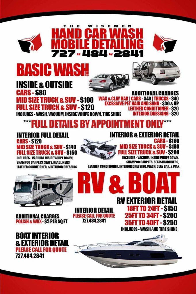 Basic Wash RVs & Boats The Wisemen Hand Carwash and Mobile Detailing Price Sheet  
