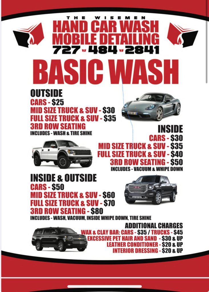 The Wisemen Hand Carwash and Mobile Detailing Business Card Price Sheet Basic Wash
